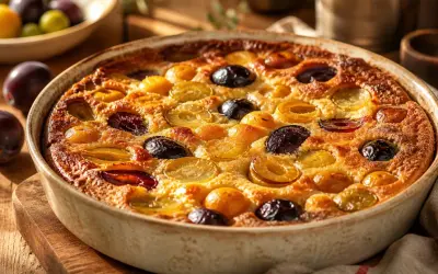 Un délicieux clafoutis aux pruneaux, doré et moelleux, sort du four. Des fruits entiers et coupés parsèment la pâte onctueuse.