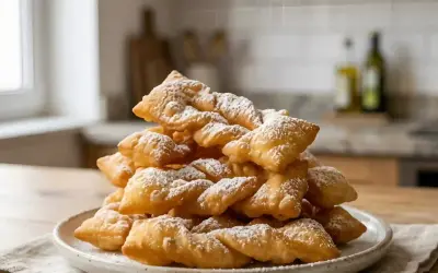 Pile de bugnes dorées saupoudrées de sucre glace, prêtes à être dégustées. Une recette de bugnes qui met l'eau à la bouche.