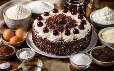 Gâteau Forêt Noire, prêt à être dégusté, entouré des ingrédients pour une recette forêt noire professionnelle : farine, œufs, chocolat, cerises, crème.