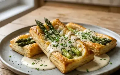 Trois feuilletés aux asperges, dorés et garnis de fromage fondant, de ciboulette et de sauce crémeuse, sur une assiette grise.