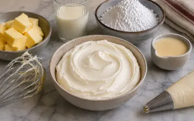 Préparation d'une crème au beurre traditionnelle : beurre, sucre glace, lait, et une poche à douille prête à l'emploi.