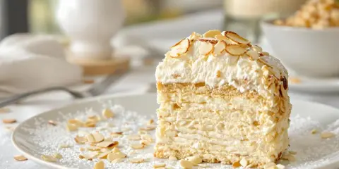 Tranche de gâteau aérien, une dacquoise amande légère, garnie de crème fouettée et d'amandes effilées grillées.