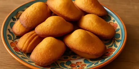 Assiette colorée de madeleines dorées, parfaites pour des recettes de madeleines maison.