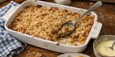 Un plat de meilleur crumble aux pommes tout juste sorti du four, avec une cuillère prête à servir. Des pommes fraîches et une crème anglaise complètent ce délice.