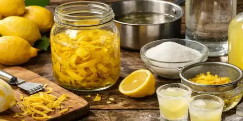 Préparation d'une recette avec limoncello : citrons, zestes, sucre, alcool et deux verres prêts à déguster.