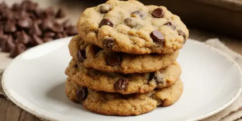 Pile de biscuits aux pépites de chocolat, un délice sans farine. Parfaits pour une pause gourmande.