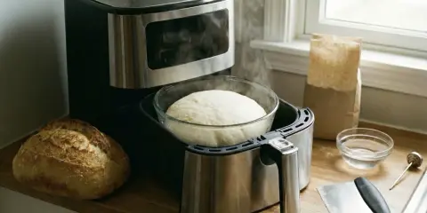 Pâte à pain levée dans un bol, prête à cuire dans une friteuse à air. Le temps pour faire lever une pâte au four est court, mais ici, elle est déjà prête.