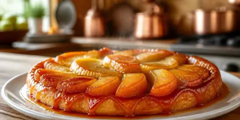 Tarte Tatin aux pommes, dorée et brillante, baignant dans un caramel onctueux. Un délice gourmand prêt à être dégusté.