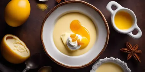 Un bol de crème anglaise 1 litre, garni de crème fouettée et d'orange confite, entouré d'oranges, d'épices et de cuillères.