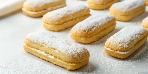Douceur poudrée de sucre glace sur des biscuits cuillères dorés, prêts à être dégustés.