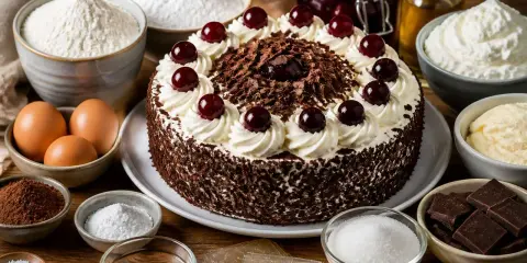 Gâteau Forêt Noire, prêt à être dégusté, entouré des ingrédients pour une recette forêt noire professionnelle : farine, œufs, chocolat, cerises, crème.