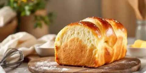 Pain brioché doré, résultat d'une fabrication de levure de boulanger réussie. Farine, fouet et beurre à proximité.