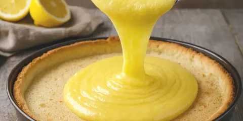 Une crème aux citrons onctueuse est versée dans une tarte. Des citrons coupés en deux sont visibles en arrière-plan.