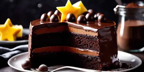 Un gâteau au chocolat moelleux et facile, avec des couches de ganache et des décorations en forme d'étoiles et de truffes.