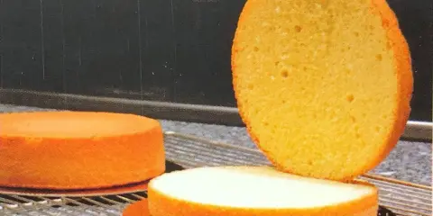 Trois génoises dorées, une entière et deux coupées, sur une grille. Le temps de cuisson génoise est crucial pour obtenir cette texture aérée.