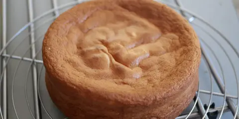 Gâteau génoise doré, tout juste sorti du four, refroidissant sur une grille. La cuisson génoise est réussie, la texture aérienne est visible.