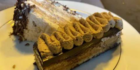 Deux parts de gâteau, dont une avec une crème légère et des copeaux de chocolat, l'autre un opéra conticini, sur une assiette blanche.