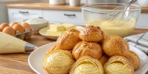Des choux à la crème dorés, certains coupés pour révéler leur garniture onctueuse. Des ingrédients de pâtisserie sont disposés autour, prêts pour la prochaine fournée.