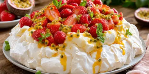 Pavlova aux fruits rouges et fruits de la passion, une recette estivale parfaite.