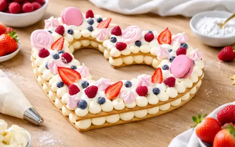 Un délicieux number cake en forme de cœur, garni de crème, fruits rouges et macarons. Un vrai régal visuel et gustatif !