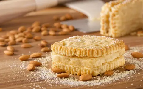 Trois biscuits joconde empilés, saupoudrés de sucre glace, entourés d'amandes sur une planche en bois.