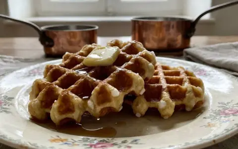 Gaufres dorées, leur texture aérienne révèle la douceur de la pâte à gaufre. Un délice avec du beurre et du sirop.