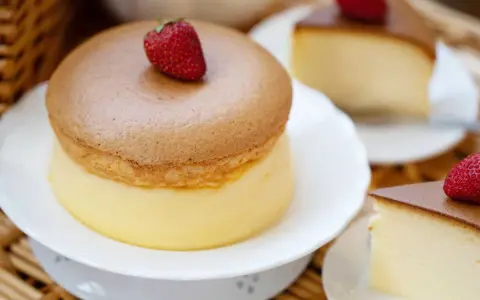 Un délicieux cheesecake japonais aérien, garni d'une fraise fraîche. Une tranche de ce dessert léger et moelleux est servie sur une assiette.