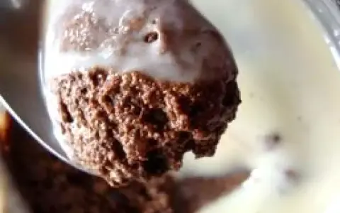Cuillère de mousse au chocolat aérienne trempée dans une crème anglaise onctueuse. Un délice !