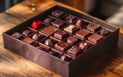 Une boîte de chocolats assortis, chacun un petit bonbon chocolat, est posée sur une table en bois.