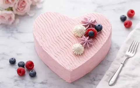 Un délicieux gâteau cœur rose, décoré de fruits rouges et de meringues, prêt à être dégusté.