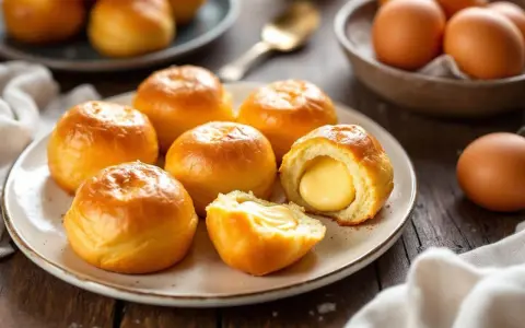Petits pains dorés, certains coupés révèlent une garniture crémeuse. Ces douceurs rappellent la pâte à choux des éclairs.