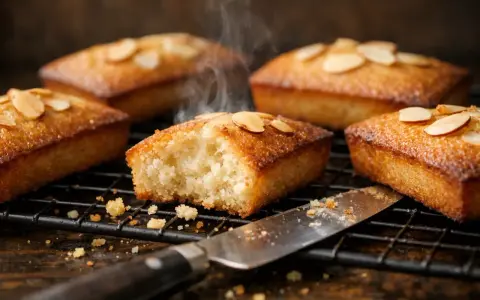 Financiers dorés, parfaits pour une recette traditionnelle. Vapeur s'échappant d'un gâteau à la texture aérée, garni d'amandes effilées.