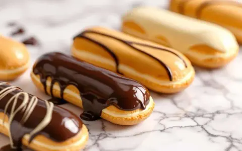 Plusieurs éclairs gourmands, certains au fondant chocolat noir, d'autres au glaçage caramel ou blanc, sur fond marbré.