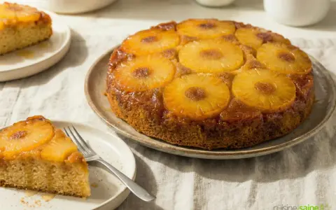 Un gâteau aux ananas facile, doré et caramélisé, avec des tranches d'ananas sur le dessus. Une part est servie sur une assiette avec une fourchette.