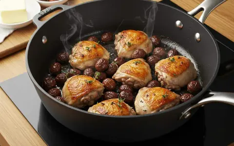 Poulet rôti et marrons en conserve dans une poêle, une idée pour comment cuisiner des marrons en conserve.