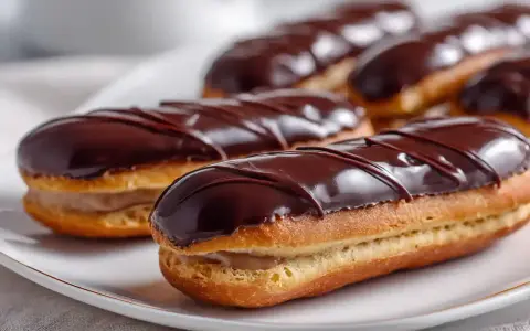 Des éclairs au chocolat, parfaits pour une recette gourmande. La crème pâtissière est généreuse, le glaçage brillant et les lignes de chocolat noir ajoutent une touche d'élégance.