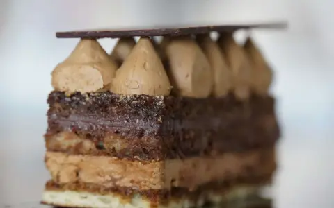 Une tranche de gâteau Opéra, avec sa composition de couches de biscuit Joconde, ganache au chocolat et crème au café, surmontée de dômes de crème et d'une fine plaque de chocolat.