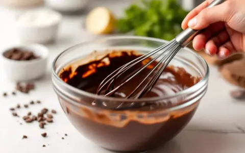 Maintenant, on va faire un bain-marie pour faire fondre ce chocolat. La main mélange doucement la ganache.