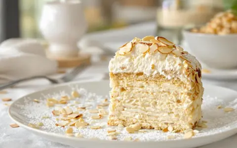 Tranche de gâteau aérien, une dacquoise amande légère, garnie de crème fouettée et d'amandes effilées grillées.