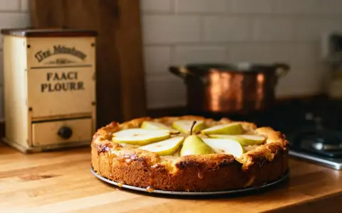 Tarte aux poires au sirop, dorée et appétissante, sur un plan de travail en bois. Un pot en cuivre est visible en arrière-plan.