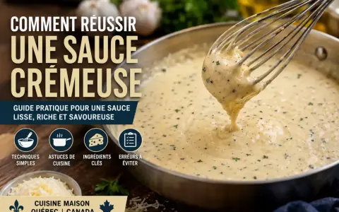 Un fouet soulève une sauce crémeuse et onctueuse d'une poêle. Guide pour réussir une sauce lisse et savoureuse.
