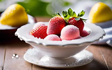 Un bol de sorbet fraise professionnel, garni de fraises fraîches et saupoudré de sucre glace. Un délice estival.
