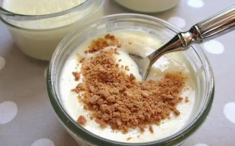Un déliceux semoule au lait vanille, saupoudré de miettes croustillantes, prêt à être dégusté.