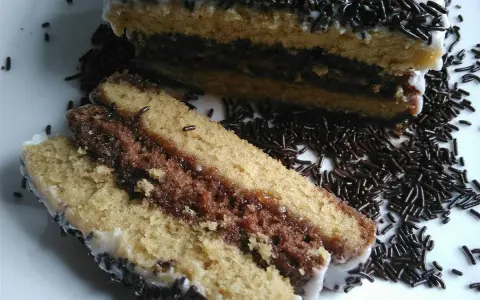 Délicieux napolitain maison, avec ses couches de génoise et de chocolat, nappé de glaçage blanc et saupoudré de vermicelles.