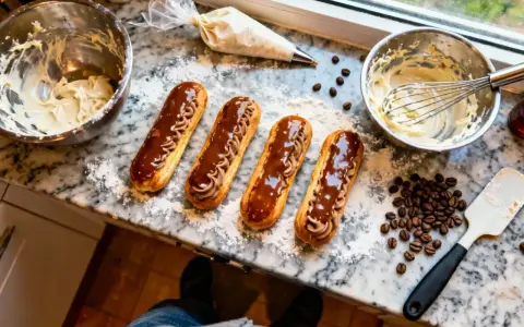 Quatre éclairs au café, garnis de crème et nappés de chocolat, sont prêts à être dégustés.