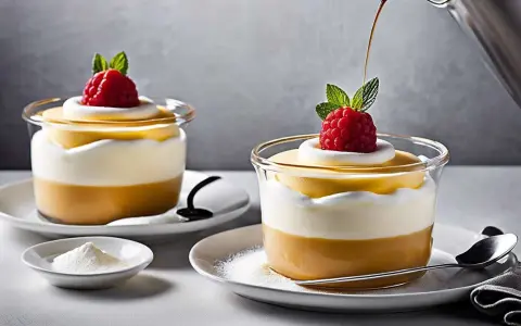 Deux desserts en verrine, une espuma légère, garnie d'une framboise et d'une feuille de menthe. Une recette gourmande.