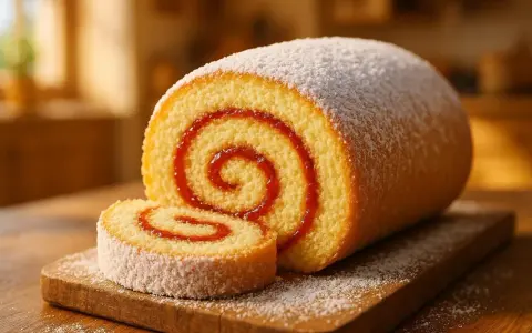 Un gâteau roulé meilleur pâtissier, saupoudré de sucre glace, avec une spirale de confiture rouge. Un délice visuel et gustatif.