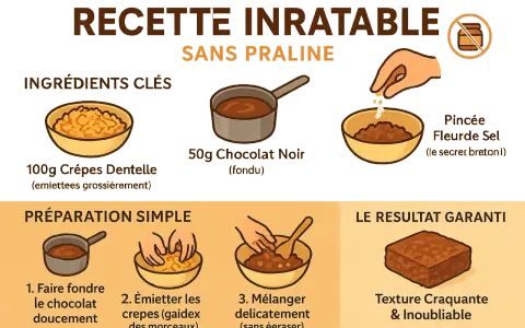 Recette facile pour un croustillant de crêpes dentelle et chocolat noir. Ingrédients : crêpes dentelle émiettées, chocolat fondu, fleur de sel. Préparation simple.
