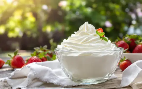 Un bol de crème chantilly qui tient longtemps, garni d'une fraise et d'une feuille de menthe, entouré de fraises fraîches.