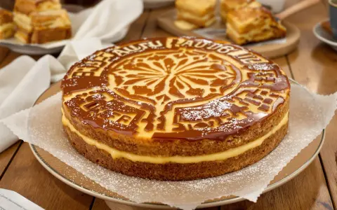 Gâteau basque aux ingrédients traditionnels, garni de crème pâtissière et nappé de caramel.
